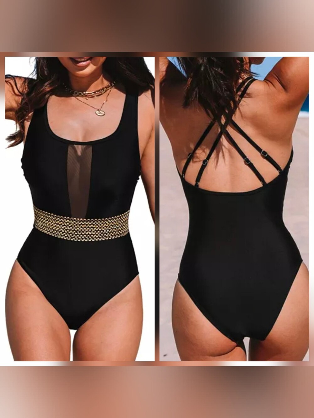 NWT Cupshe Black One-Piece Swimsuit with Gold Waist Detail, Medium